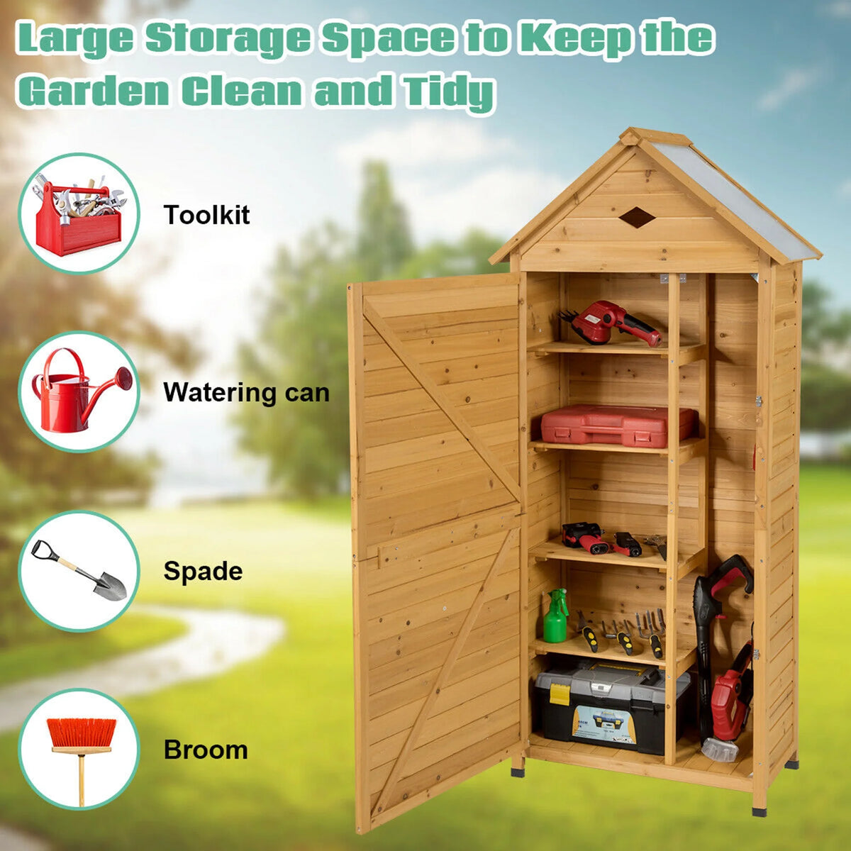 Gymax Outdoor Storage Shed Lockable Wooden Garden Tool Storage Cabinet W/ Shelves