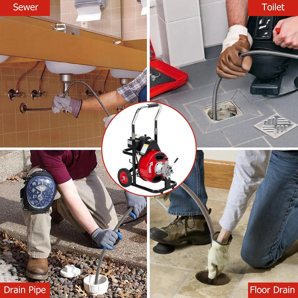 Electric Drain Cleaning Machine , Powerful Electric Auger, Sewer Snake with 4 Cutters, Air-Activated Foot Switch, and Wheels