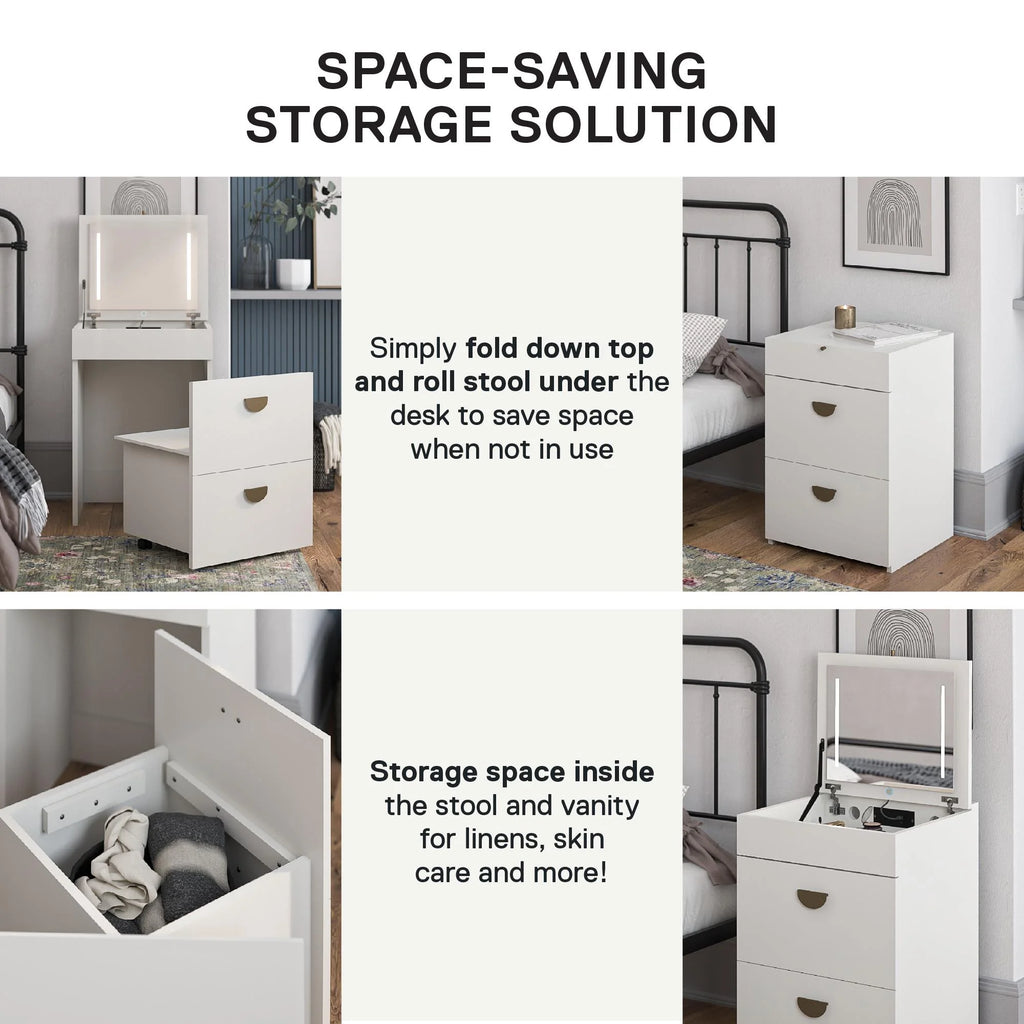 Ameriwood Home Compact 3-in-1 Vanity Set, Makeup Storage Desk & Stool, Mirror w/ LED lights & USB Charging Station, White