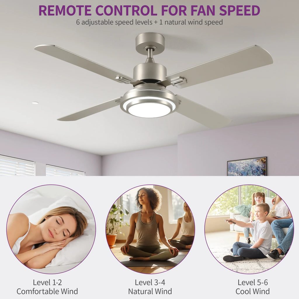 Dextrus 52'' Ceiling Fan with Light and Remote Control, 6 Speeds, 5 Timer Settings, and Dual-Finish Blades (Nickel)