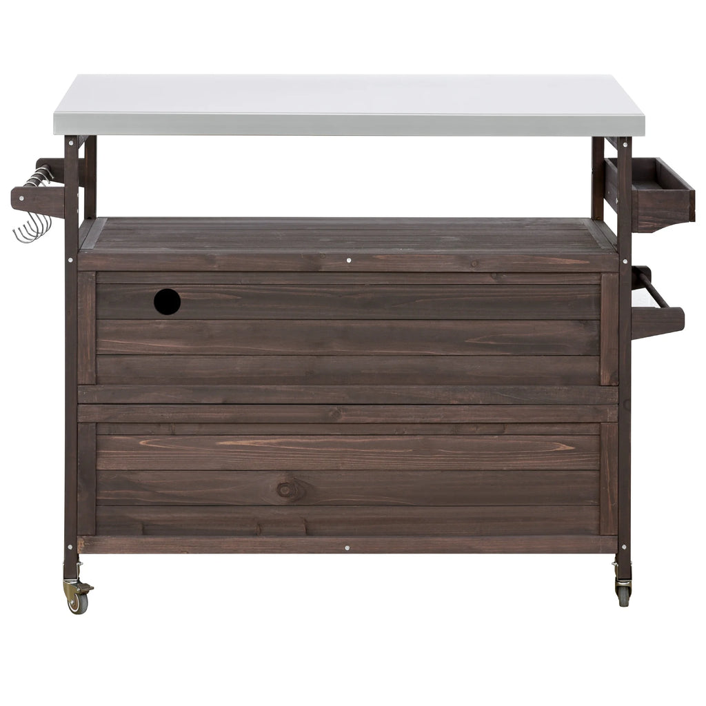 Outdoor Kitchen Island, Rolling Bar Cart & Storage Cabinet, Farmhouse Solid Wood Outdoor Grill Table with Stainless Steel Top, Spice Rack , Towel Rack for Kitchen & BBQ , Natural
