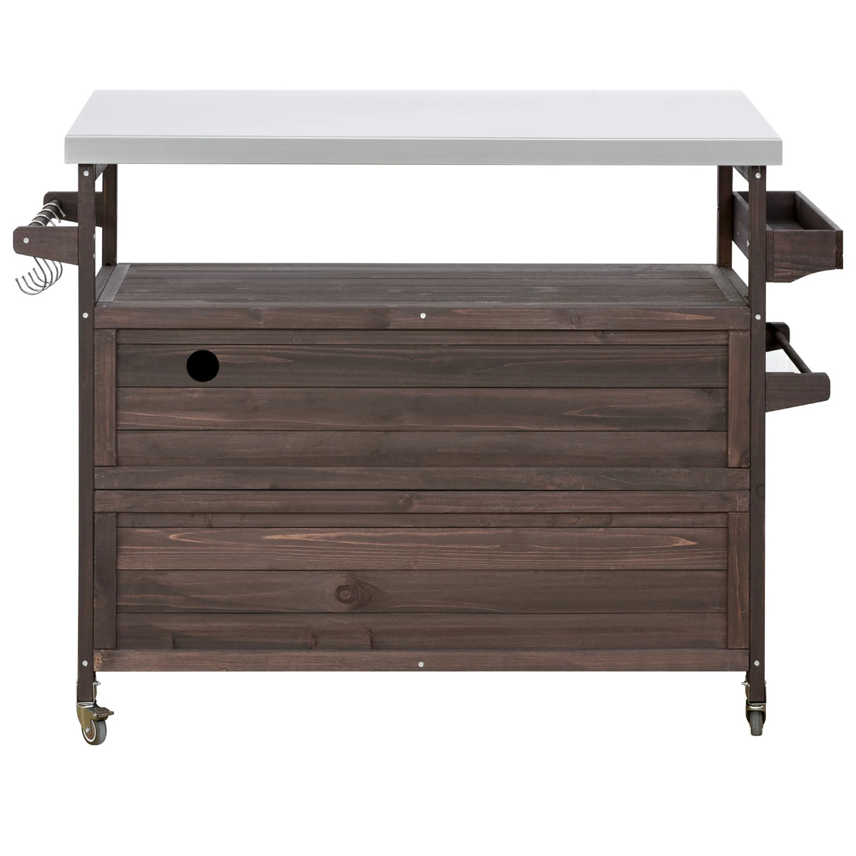 Outdoor Kitchen Island, Rolling Bar Cart & Storage Cabinet, Farmhouse Solid Wood Outdoor Grill Table with Stainless Steel Top, Spice Rack , Towel Rack for Kitchen & BBQ , Natural