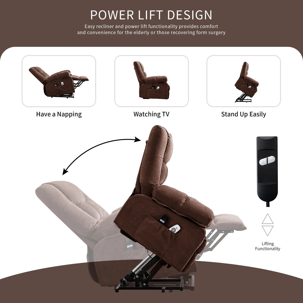 JONPONY Power Lift Recliner Chair Recliners for Elderly with Heat and Massage Recliner Chair for Living Room with Infinite Position and Side Pocket,USB Charge Port,Brown