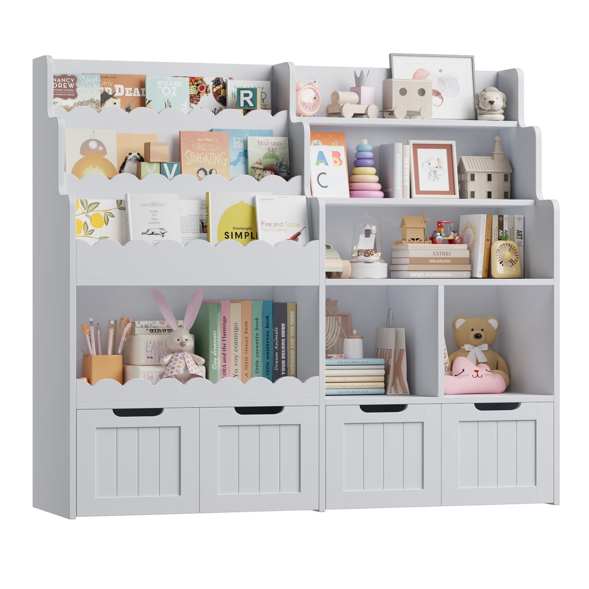 Hiphuta 47"Wide Large Kids Bookcase, Wood Bookshelf Toy Storage Organizer with Book Rack & Movable Boxes, White Bookshelf for Kids Room