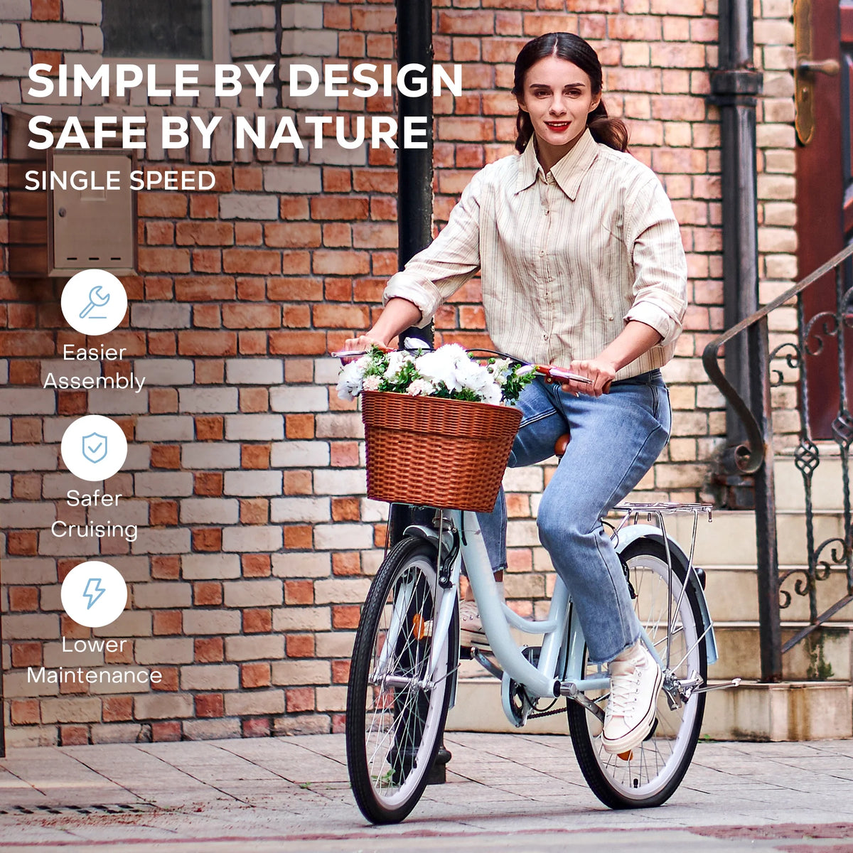 Viribus Women's Comfort Bike 24 inch Beach & City Cruiser Bicycle with Basket Rack White