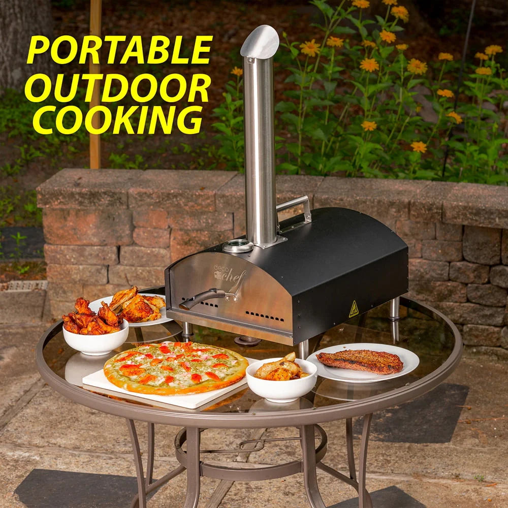 Deco Chef Outdoor Pizza Oven with 2-in-1 Pizza and Grill Oven Functionality, 13" Pizza Stone, 3-Layer Stainless Steel Construction, Pizza Peel, Dough Scraper, Scoop, Slotted Grill (Black) - (Open Box