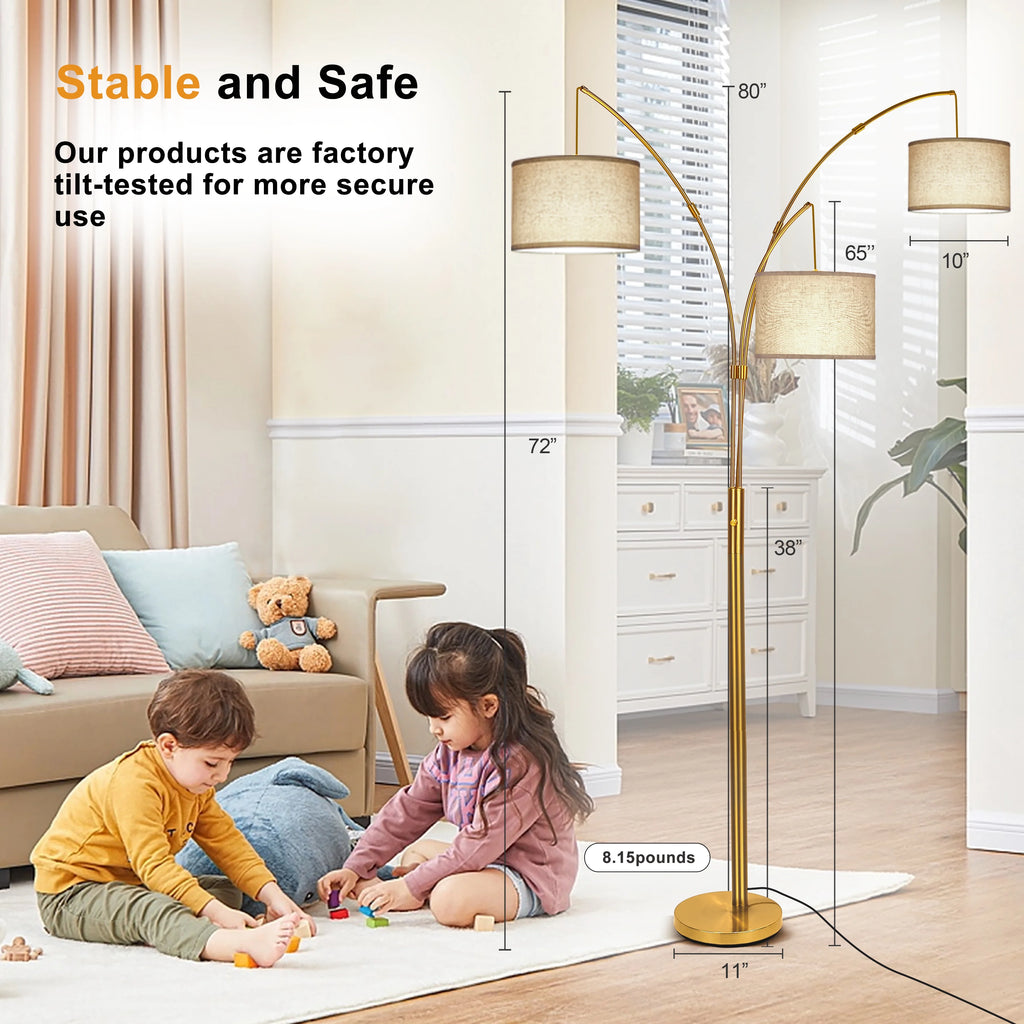 Netin 80 3-Light Modern Dimmable Black Arc Floor Lamp with Beige Shades