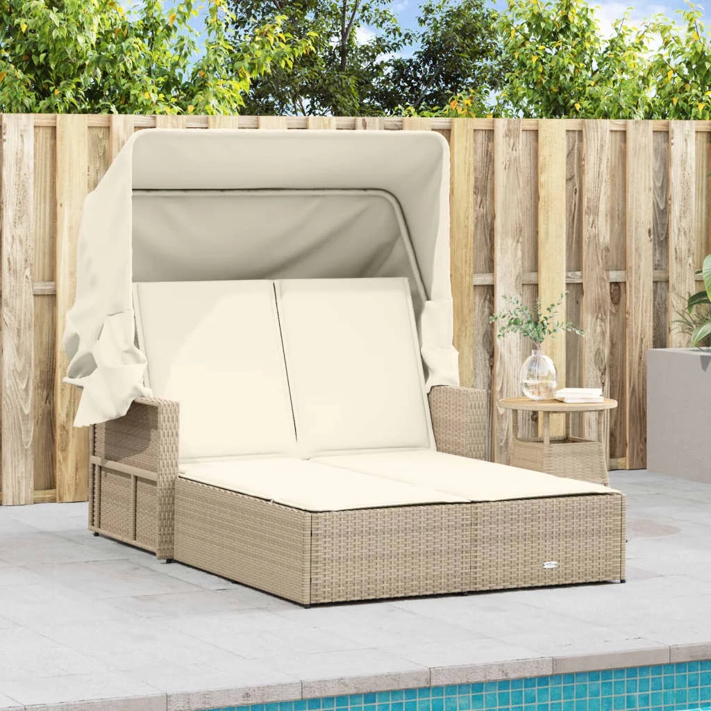 vidaXL Powder Coated Steel Removable Canopy and Cushions Double Sun Lounger, Beige