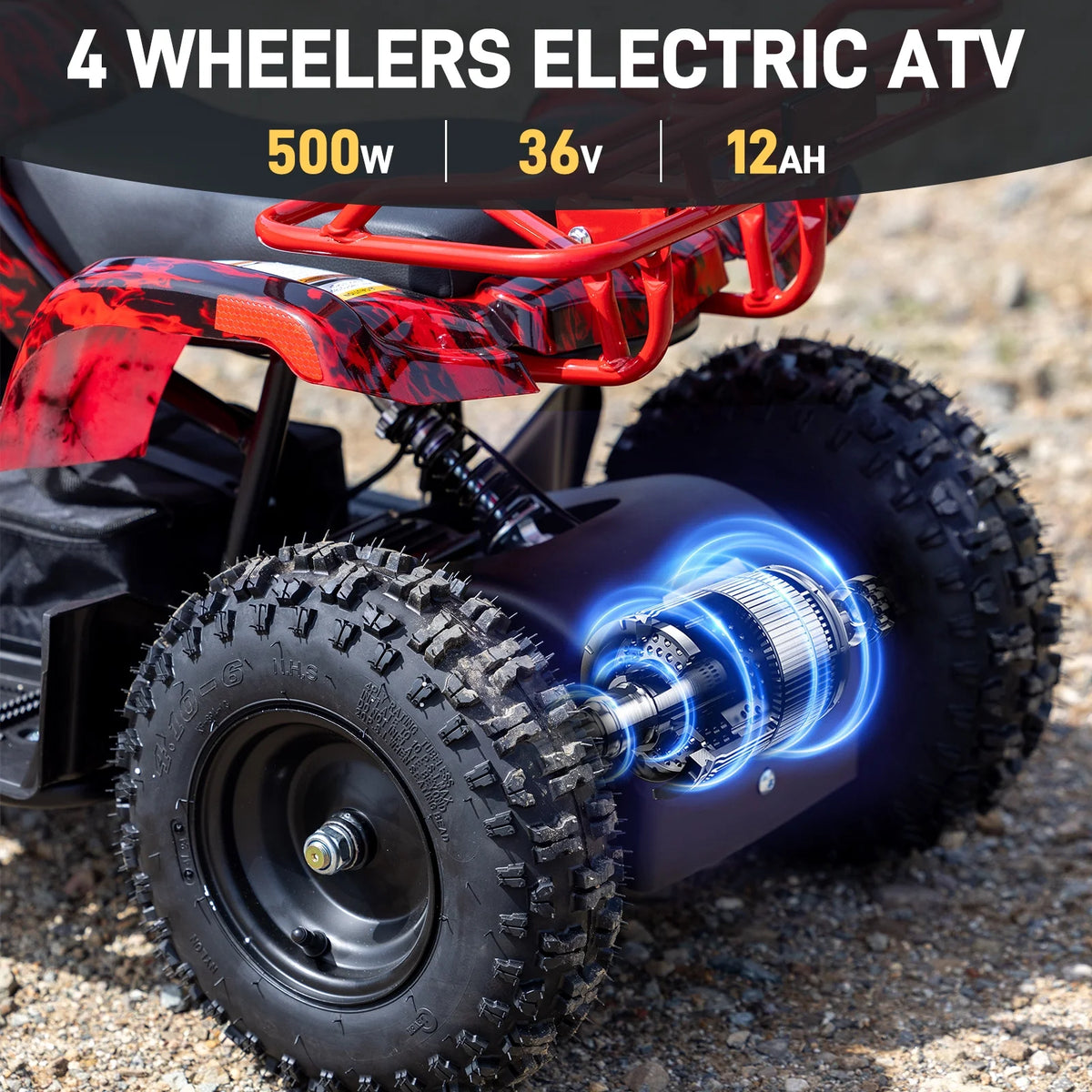 Aoemoe 500W 36V Battery-Powered Ride-On Off-Road 4-Wheeler 15 Mile Range, Flame