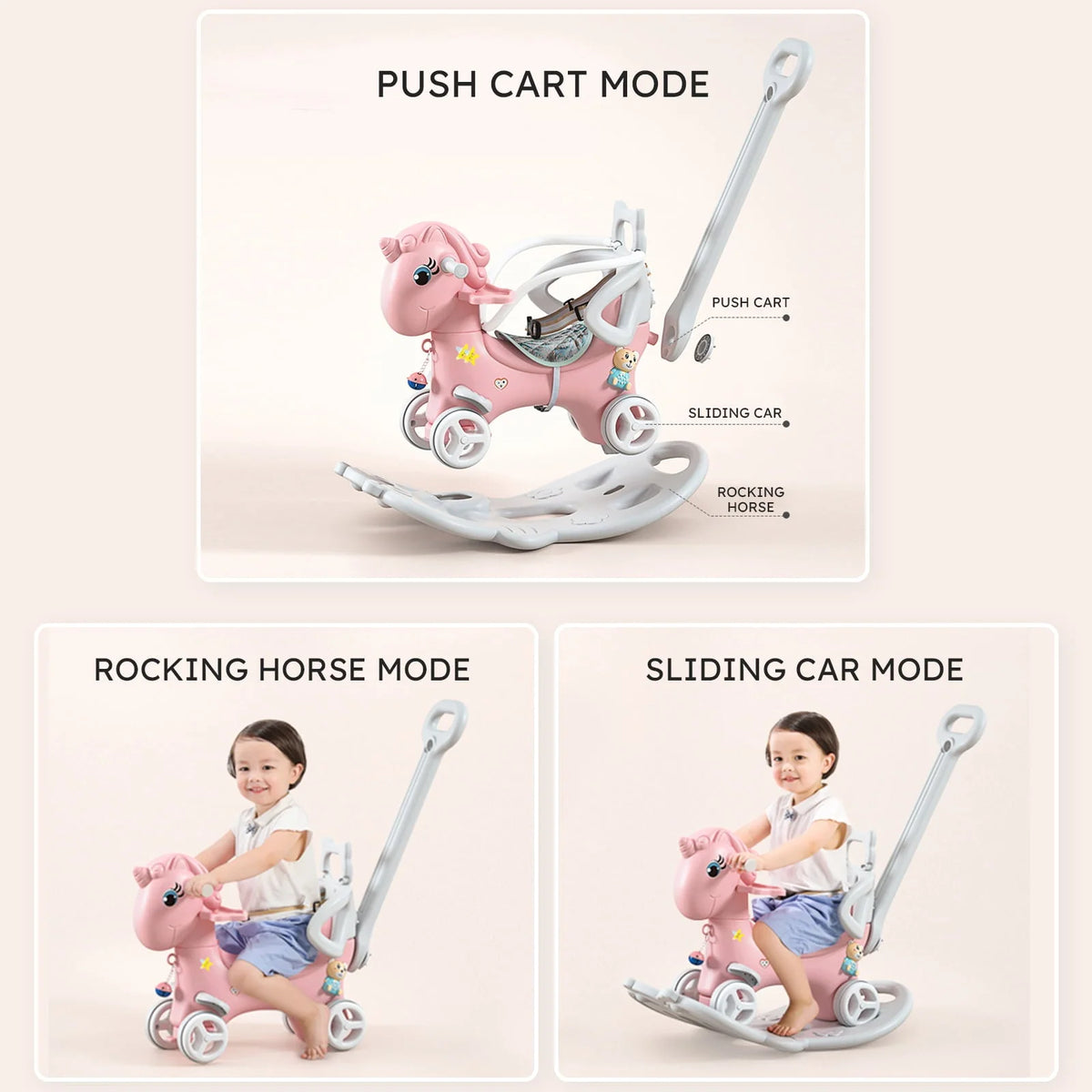 5 in 1 Rocking Horse for Toddlers, Balance Bike Ride On Toys with Push Handle, Backrest and Balance Board for Baby Girl and Boy 1-3 Years Old, Unicorn Kids Riding for Birthday Gifts (Pink)