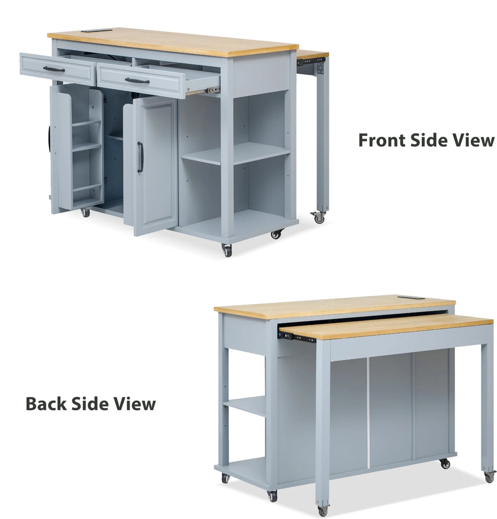 Kitchen Island with Extendable Table and Power Outlet, Wood Kitchen Rolling Cart with 2 Drawers & 2 Cabinets, Internal Storage Rack and Adjustable Shelf, Grey Blue