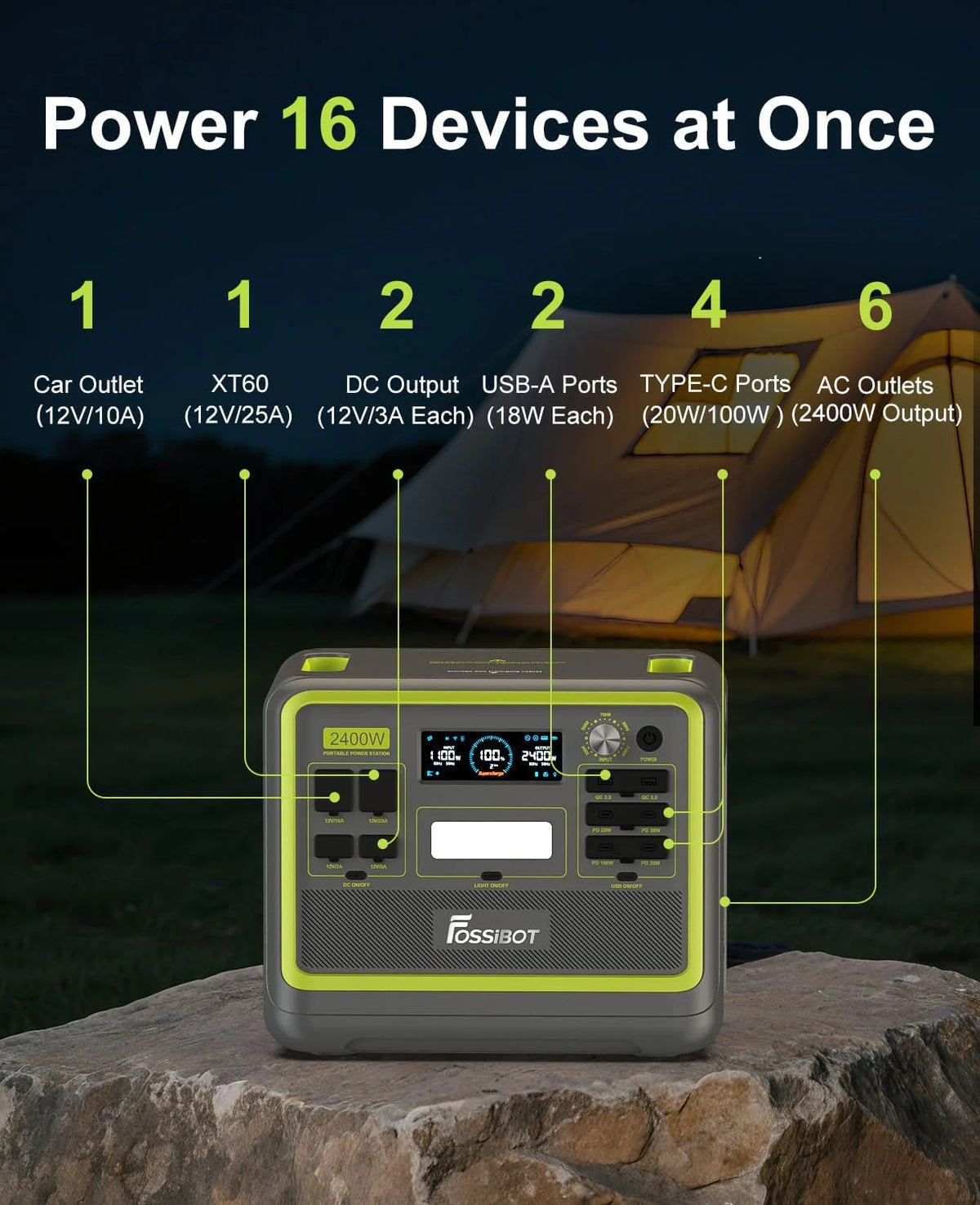 FOSSiBOT Portable Power Station FOSSiBOT 2400 2048Wh LiFePO4 Battery Solar Generator,2400W AC Output for Outdoor Camping,Home Backup,Emergency,RV