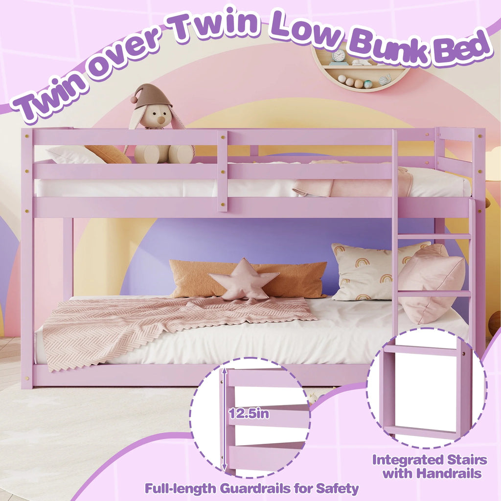 SESSLIFE Bunk Bed Twin Over Twin, Low Floor Bunk Bed with Guard Rails for Dorm, Small Space, No Box Spring Needed(White)