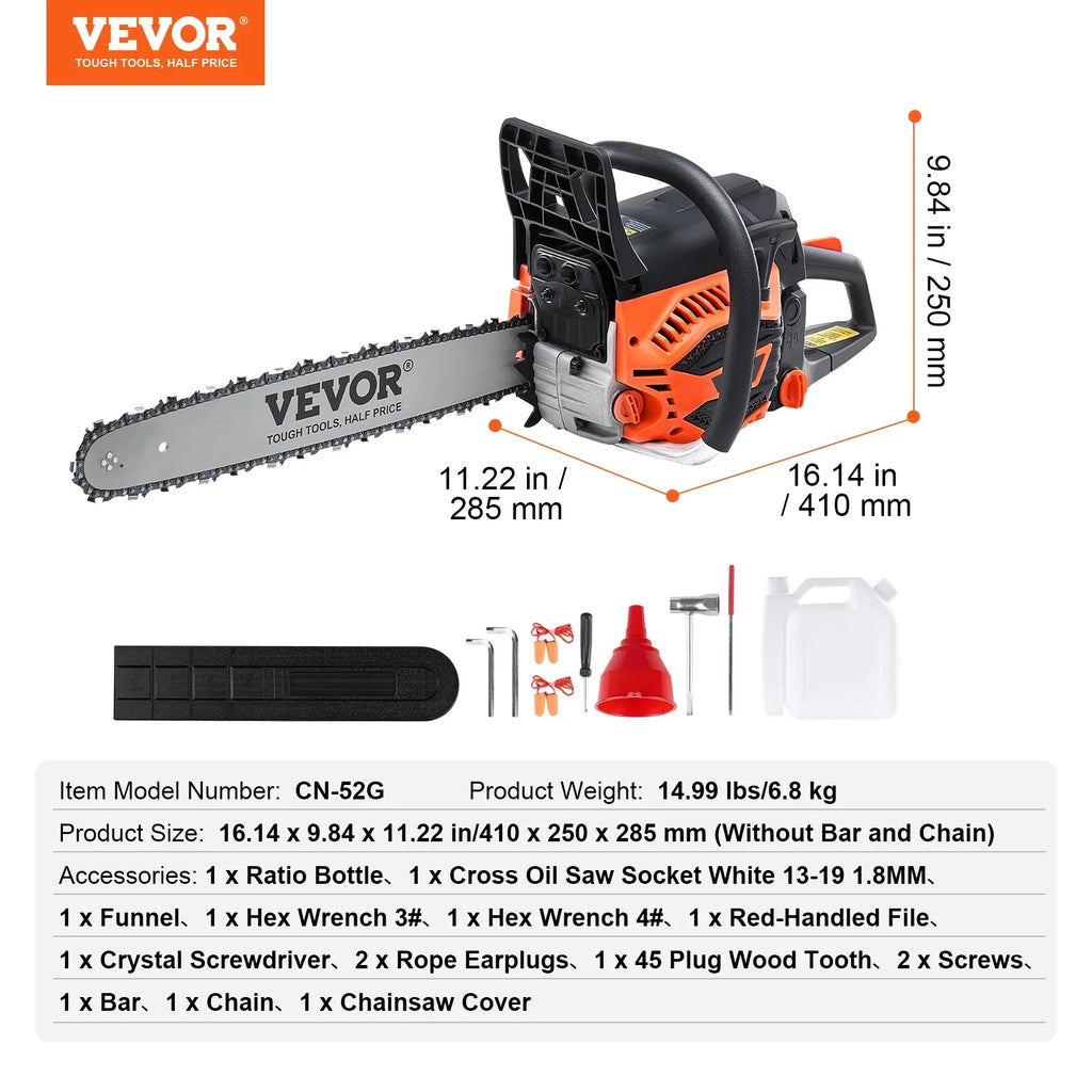 VEVOR Gas Chainsaw, 52CC 18" 2.55HP, Gasoline Powered Chain Saw, Handheld Cordless Petrol Chainsaws for Tree Wood Branch Cutting, Tree Trimming, Land Clearing, Farm Garden Ranch Forest Cutting Use