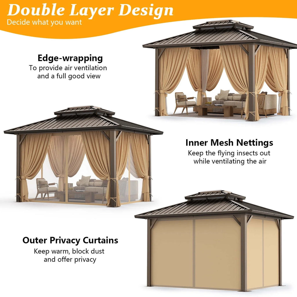 COBIZI 10x12 Hardtop Gazebo Aluminum Gazebos with Galvanized Steel Double Roof Metal Gazebo with Curtains and Netting Permanent Steel Gazebo for Backyard, Garden and Patio, Brown