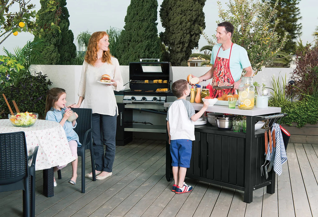 Keter Unity XL Resin Serving Station, All-Weather Plastic and Metal Grill, Storage and Prep Table, Graphite