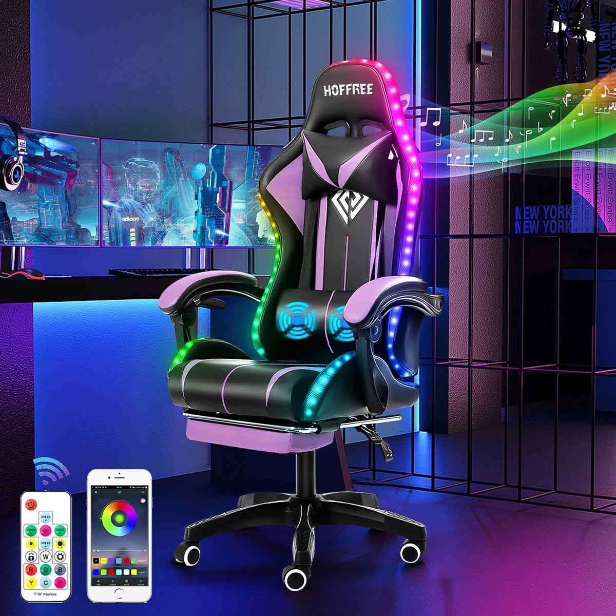 Hoffree Gaming Chair with Bluetooth Speakers and Footrest Massage Office Chair with LED Lights Ergonomic Game Chair High Back with Lumbar Support and Headrest Adjustable Swivel for Adults 300lb