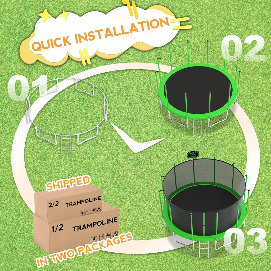 KOFUN Trampoline for Adults and Kids, 16FT 15FT 14FT 12FT 10FT 8FT Trampoline with Basketball Hoop, Enclosure Net, Ladder, Light, Anchor Kits, Heavy Duty Outdoor Backyard Trampolines, Black