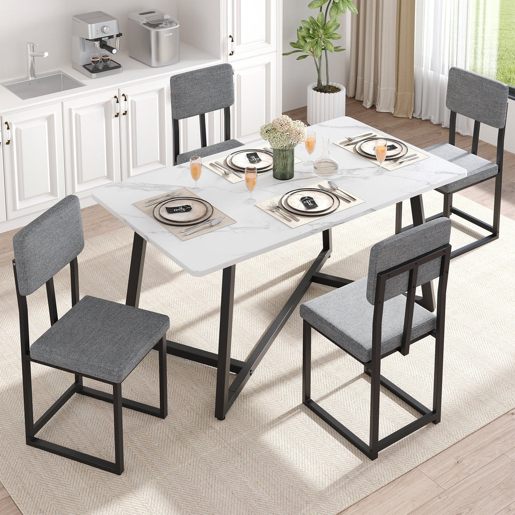 PORKISS Dining Table Set for 4, Kitchen Table Set with Chair for 4 with Faux Marble Table and 4 Linen Upholstered Chairs, Dining Room Set for Kitchen Dining Room Small Space, White + Gray + Black