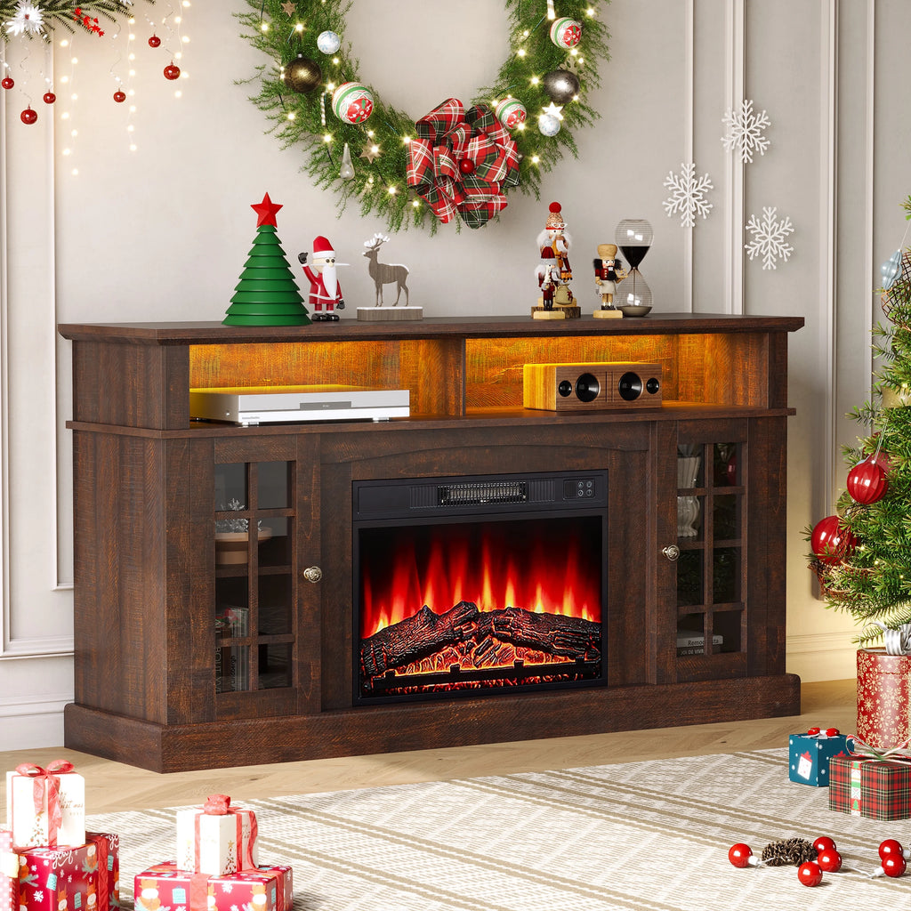 SESSLIFE Fireplace TV Stand for 65 Inch TV, TV Console with 23''Electric Fireplace, Console Entertainment Center Television Table for Living Room or Bedroom, Brown