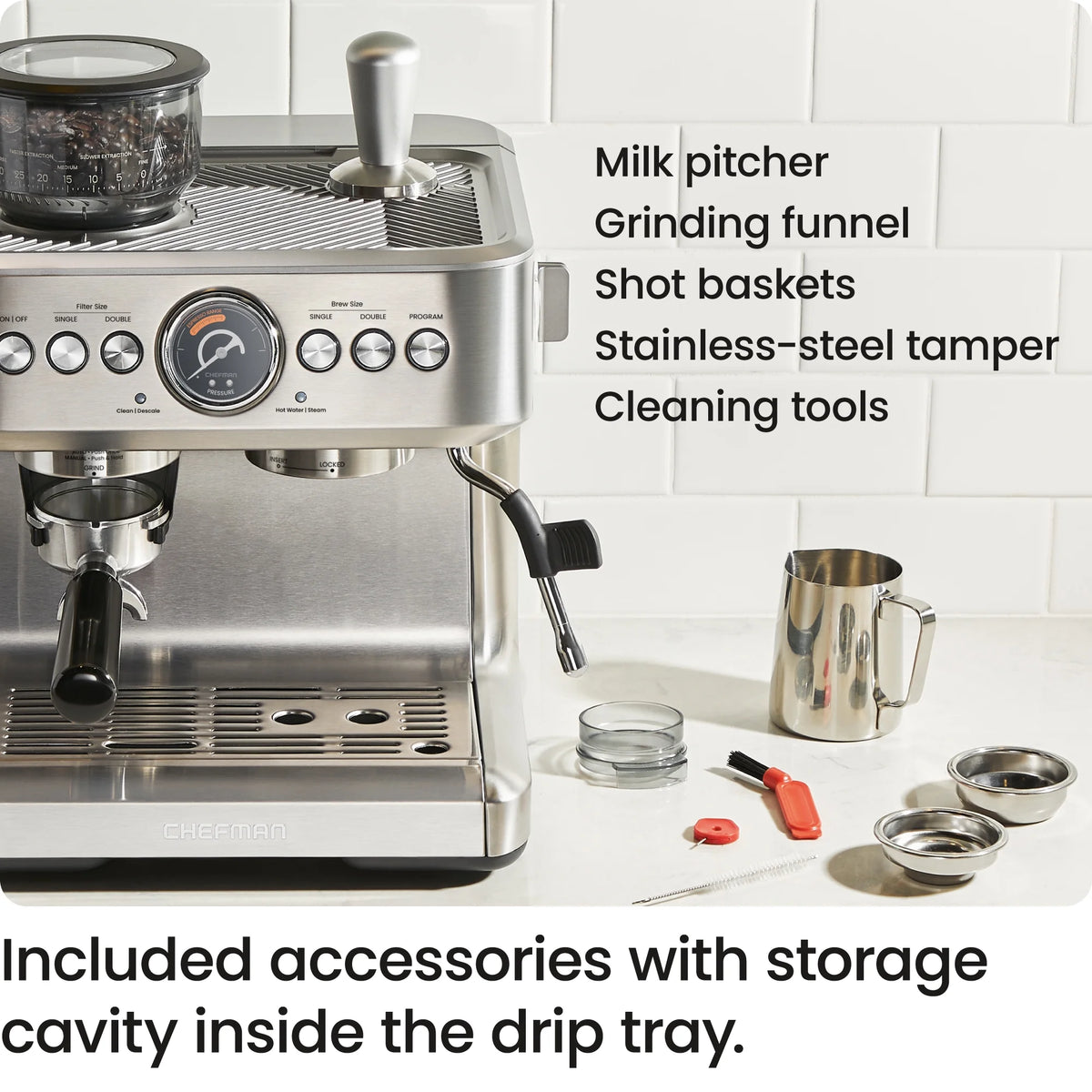 Chefman Crema Supreme Espresso Machine with Conical Burr Grinder and Steam Wand Stainless Steel, New