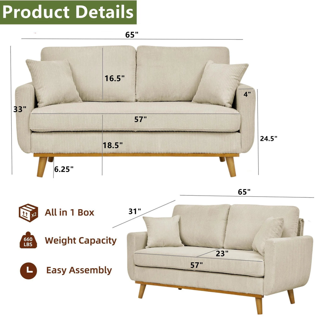 Aukfa 68" Small Sofa Couch Comfy Mid Century Modern Loveseat Sofa for Living Room Bedroom, Cream