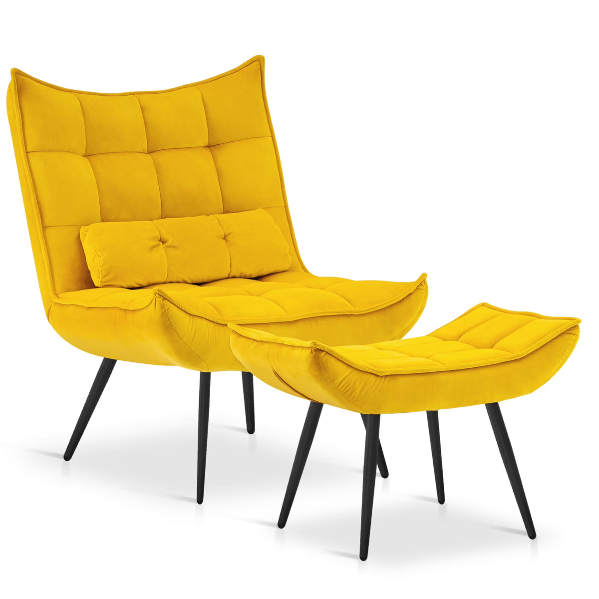 MCombo Accent Chair with Ottoman, Velvet Modern Chairs with Metal Legs for Living Room 4079 (Yellow)