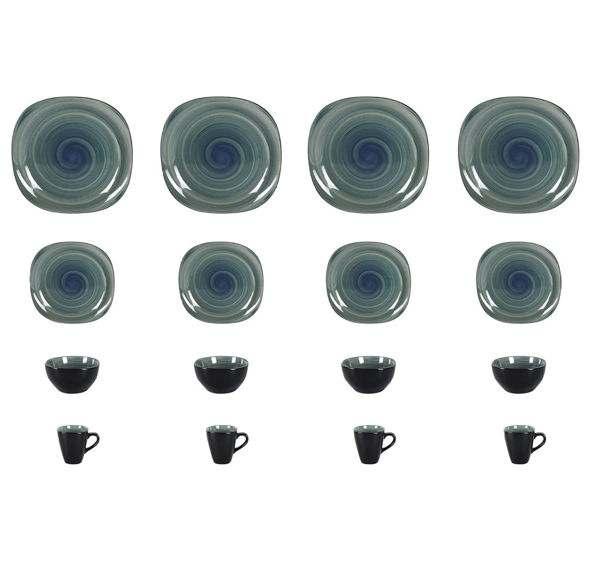 Stoneware Square 16pc Dinnerware Set, Inside Spinwash Swirl Orange + Outside Black