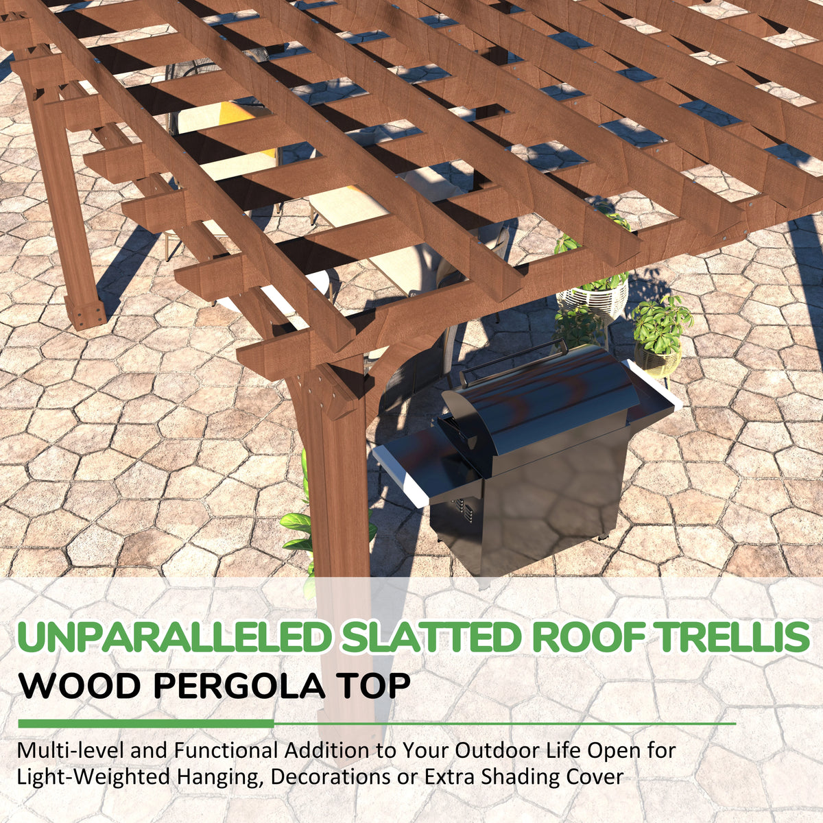 VEIKOUS 12'x10' Cedar Wood Pergola w/ Flat Roof and Ground Stakes for Outdoor Patio, Garden, Deck
