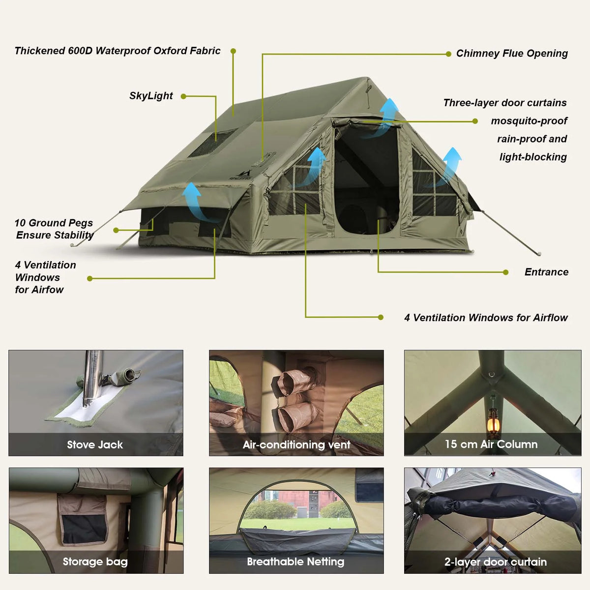 9.8' x 7' Inflatable Camping Tent,4 Season Blow up Tents for Camping, 4-6 Person Inflatable Tent with Stove Jack,Air Tents,Glamping Tent,Waterproof Luxury House with Mesh Window