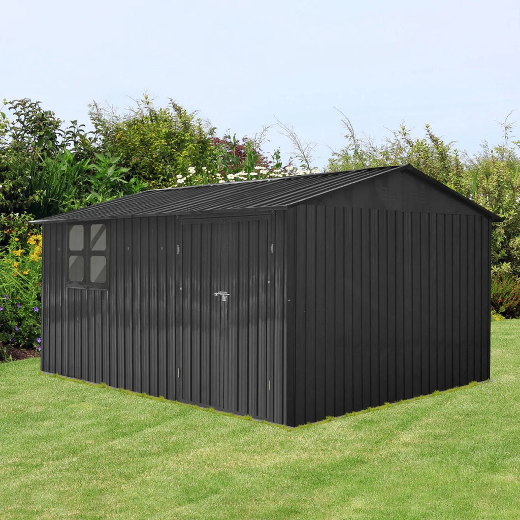 10x12 FT Outdoor Storage Shed, Metal Garden Tool Shed with Vents, Window and Bulit-in Hooks, Waterproof  Organization for Home/Backyard/Garden Tools/Lawn Storage, Yellow+White