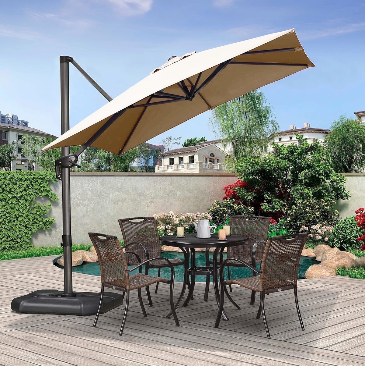 PURPLE LEAF 8x8 Ft Cantilever Umbrella Square Outdoor Patio Umbrella Large Offset Hanging Umbrella Aluminum Umbrella with 360°Rotation Adjustable Garden Pool Umbrella,Beige