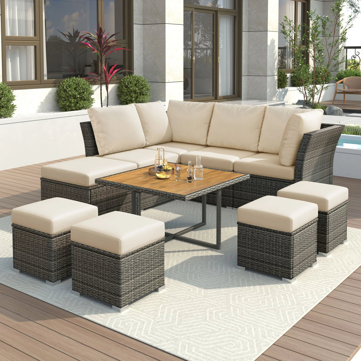 9 Pieces Outdoor Patio Furniture Set Outdoor Sectional Rattan Sofa Set Manual Wicker Patio Conversation Set with Ottomans, Solid Wood Coffee Table for Yard Deck Porch(Grey)