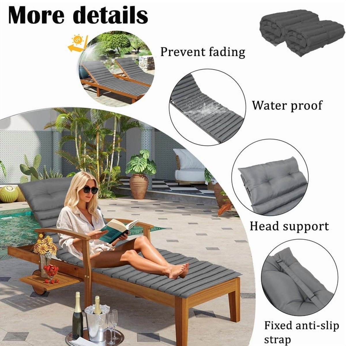 2pcs Outdoor Chaise Lounge Cushions, Waterproof Patio Foldable Chair Cushion for Garden Pool, 73 x 24in Sun Lounger Cushions for Outdoor Furniture Navy blue
