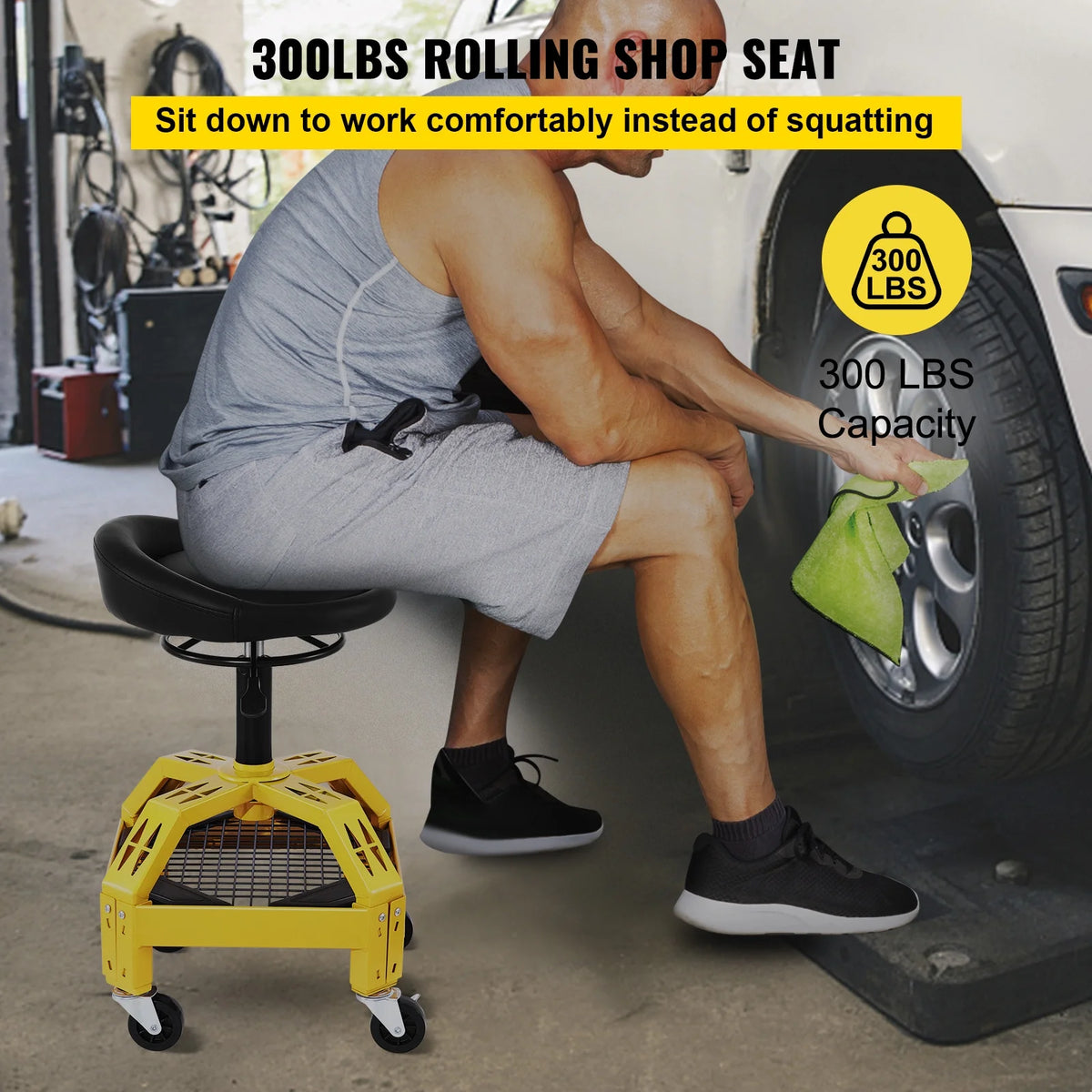 BENTISM Rolling Garage Stool, 300lbs Capacity, Adjustable Height from 24 in to 28.7 in, Mechanic Seat with 360-degree Swivel Wheels and Tool Tray, for Workshop, Auto Repair Shop, Yellow