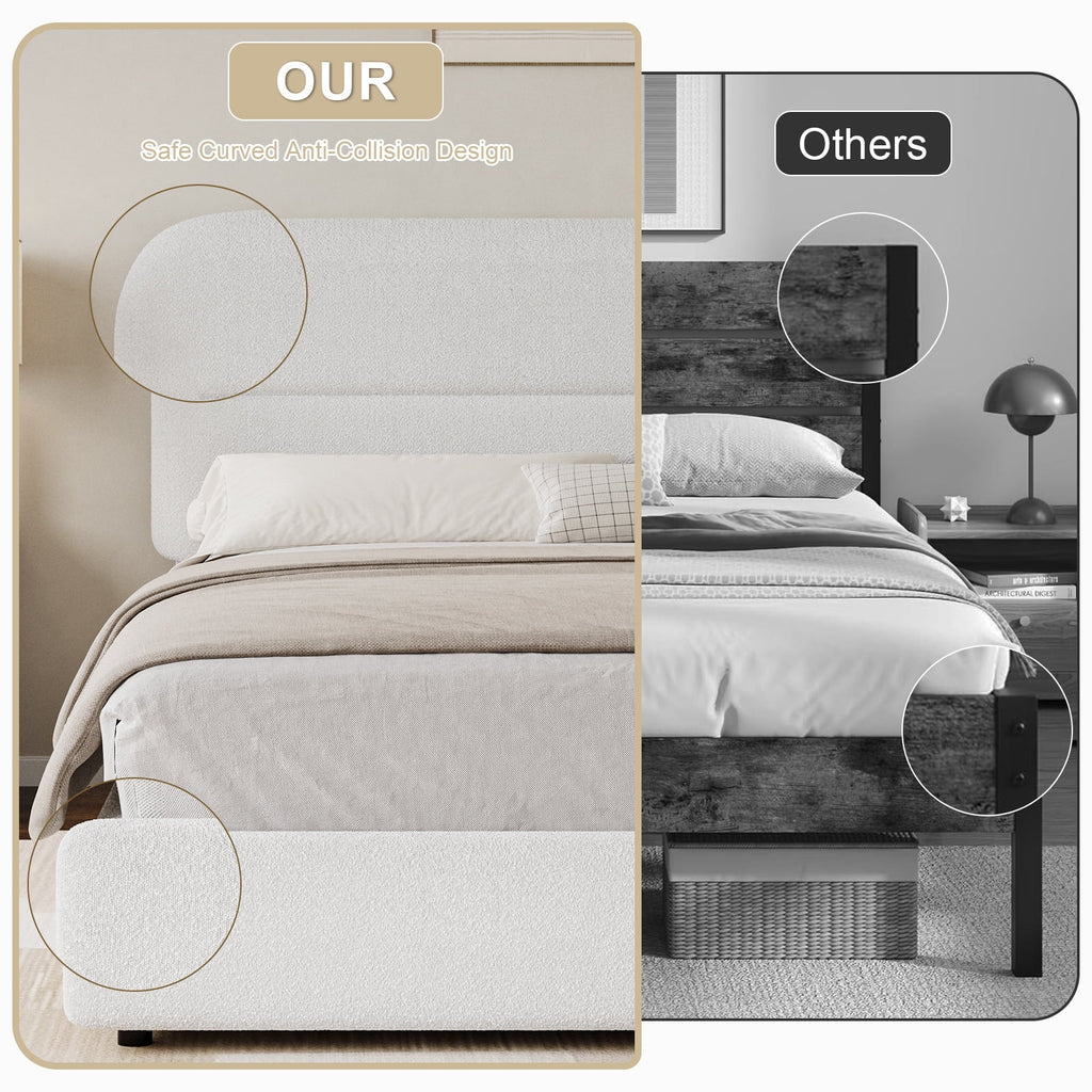 4 EVER WINNER Queen Bed Frame with Headboard, Boucle Upholstered Platform Bed Frame wiith Rounded Corner, Soft Cloud Bed Frame, No Box Spring Needed, White