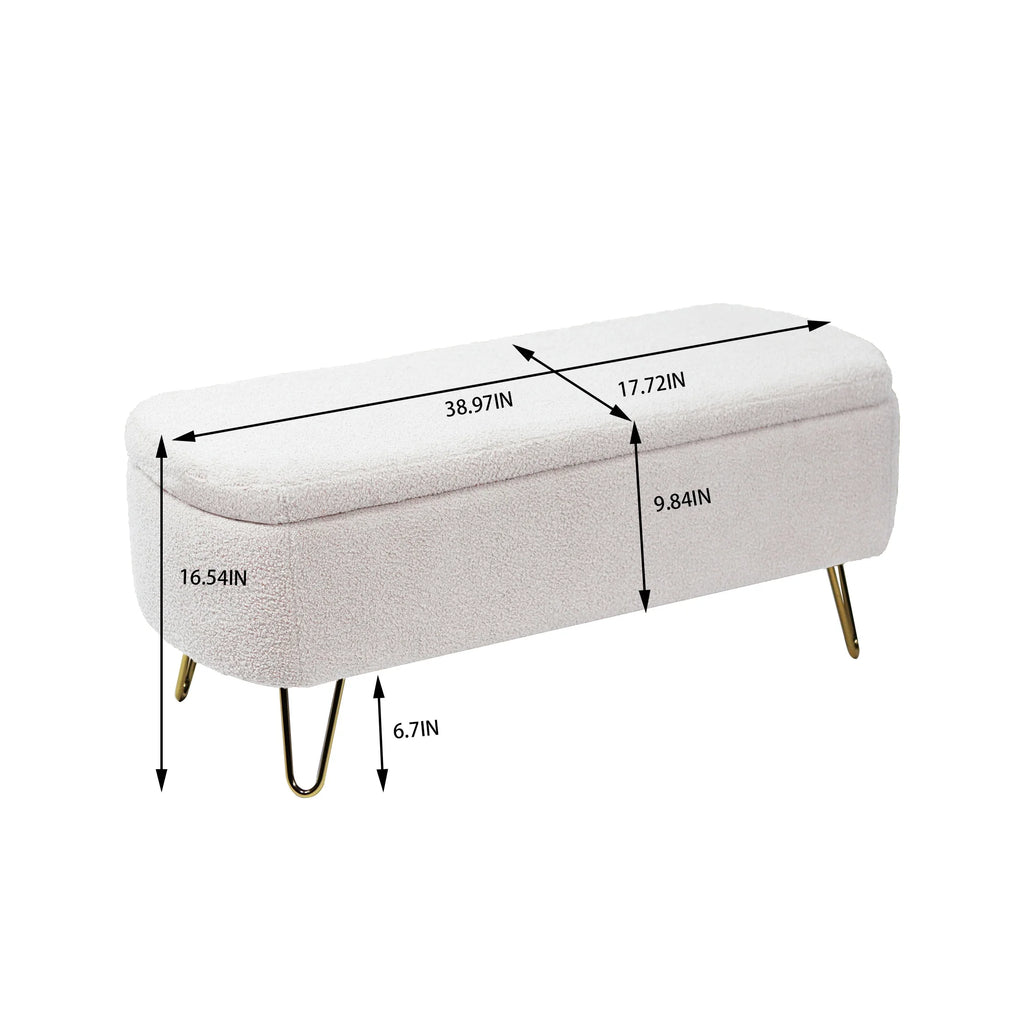 Syngar Entryway Bench with Storage for Bedroom, Living Room, and End of Bed, Faux Fur Ottoman Foot Rest with Storage,Upholstered Bench with Storage with Metal Leg,Ivory