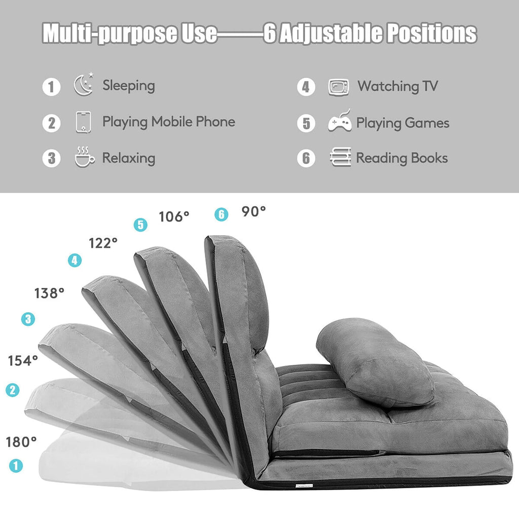 Costway Foldable Floor Sofa Bed 6-Position Adjustable Lounge Couch with 2 Pillows Grey