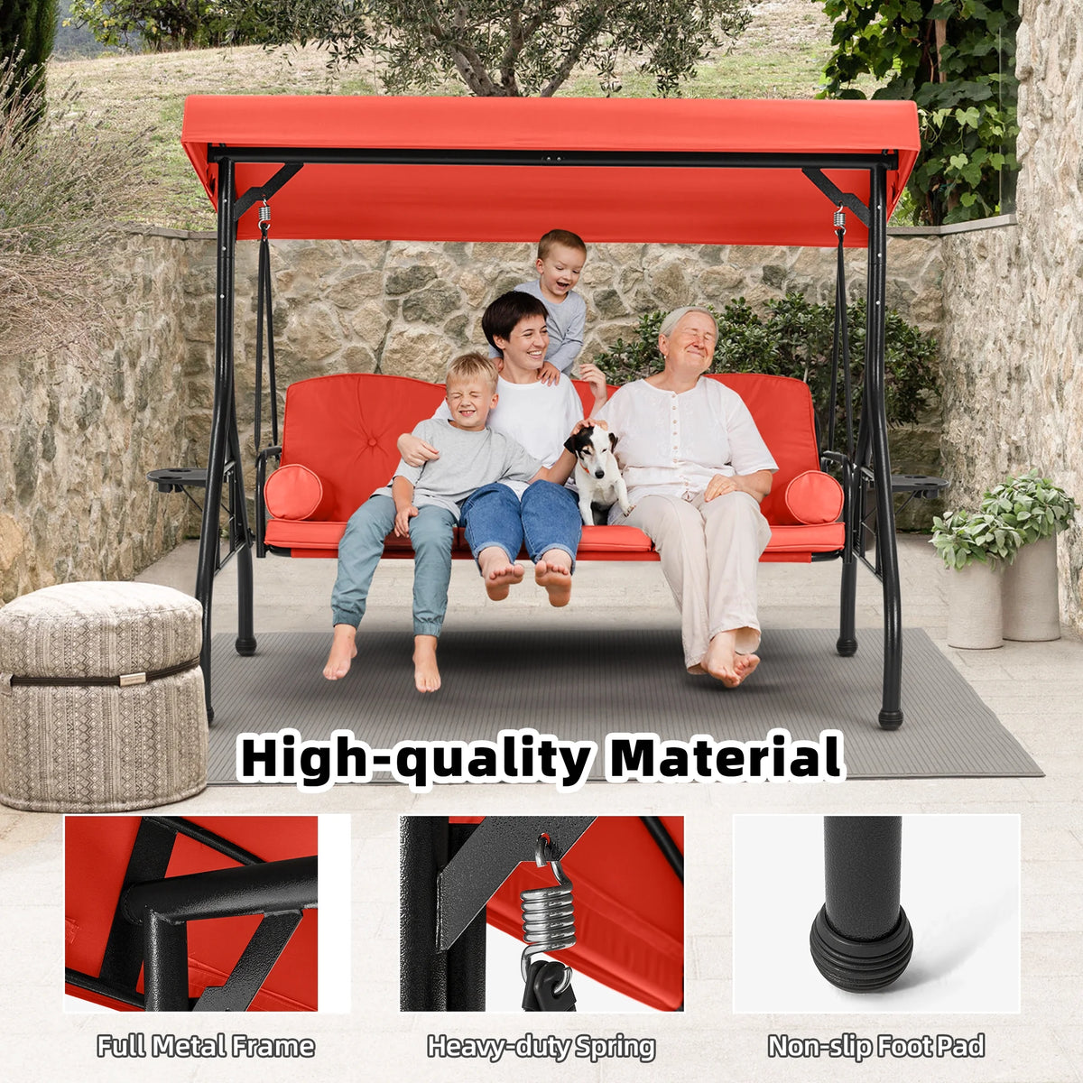 Homrest 3 Seat Outdoor Porch Swing with Adjustable Canopy, Cushions, and Cup Holder - Wine Red