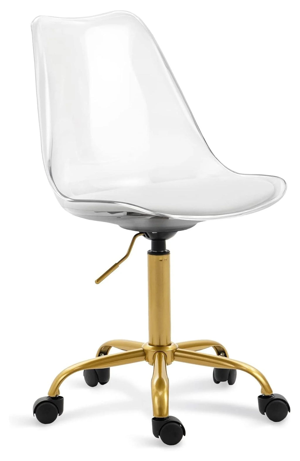 saney Clear Rolling Chair, Armless Desk Chair with Golden Feet Swivel Molded Plastic Shell Adjustable Home Office Chair with Wheels, Clear