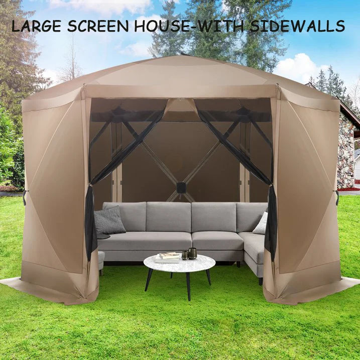 COBIZI 12x12 Pop Up Canopy Gazebo, Outdoor Canopy Tent Screen House with 5 sidewalls and Netting for Camping, Waterproof, UV Resistant, Ez Set-up Party Tent with Carrying Bag and Ground Stakes,Brown