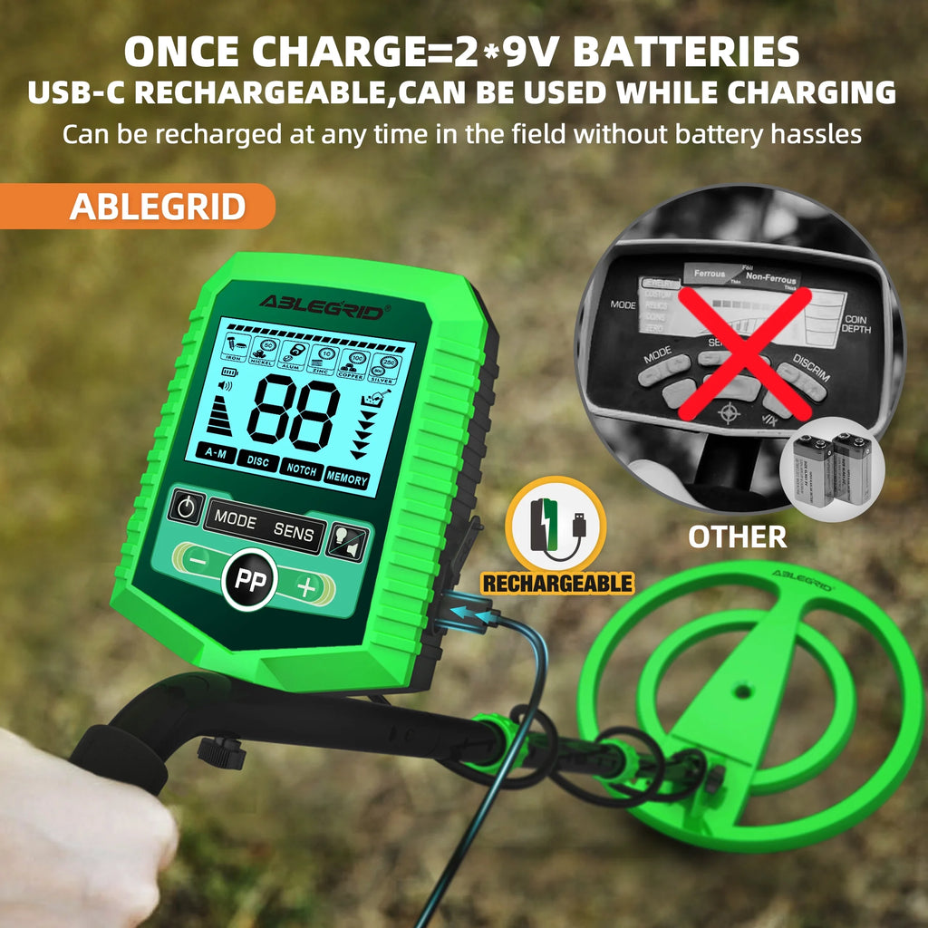 ABLEGRID Metal Detector for Adults and Kids Rechargeable, Professional Gold and Silver Detector with LCD Display, High Accuracy Waterproof Pinpoint 5 Modes, Advanced DSP Chip 10" Coil, GC1030