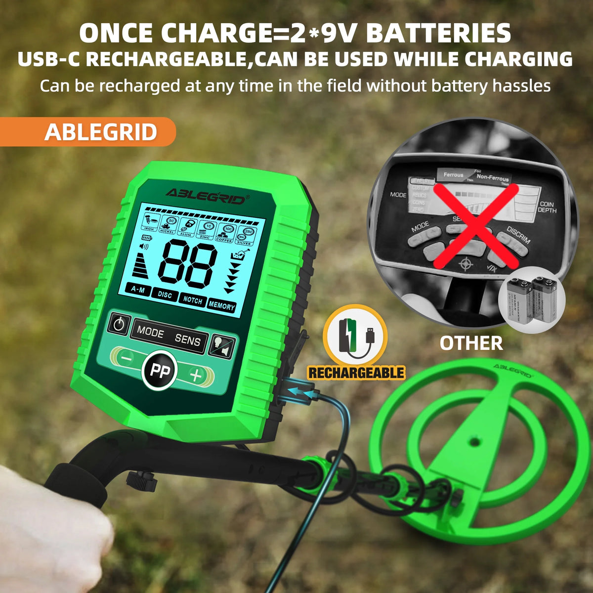 ABLEGRID Metal Detector for Adults and Kids Rechargeable, Professional Gold and Silver Detector with LCD Display, High Accuracy Waterproof Pinpoint 5 Modes, Advanced DSP Chip 10" Coil, GC1030