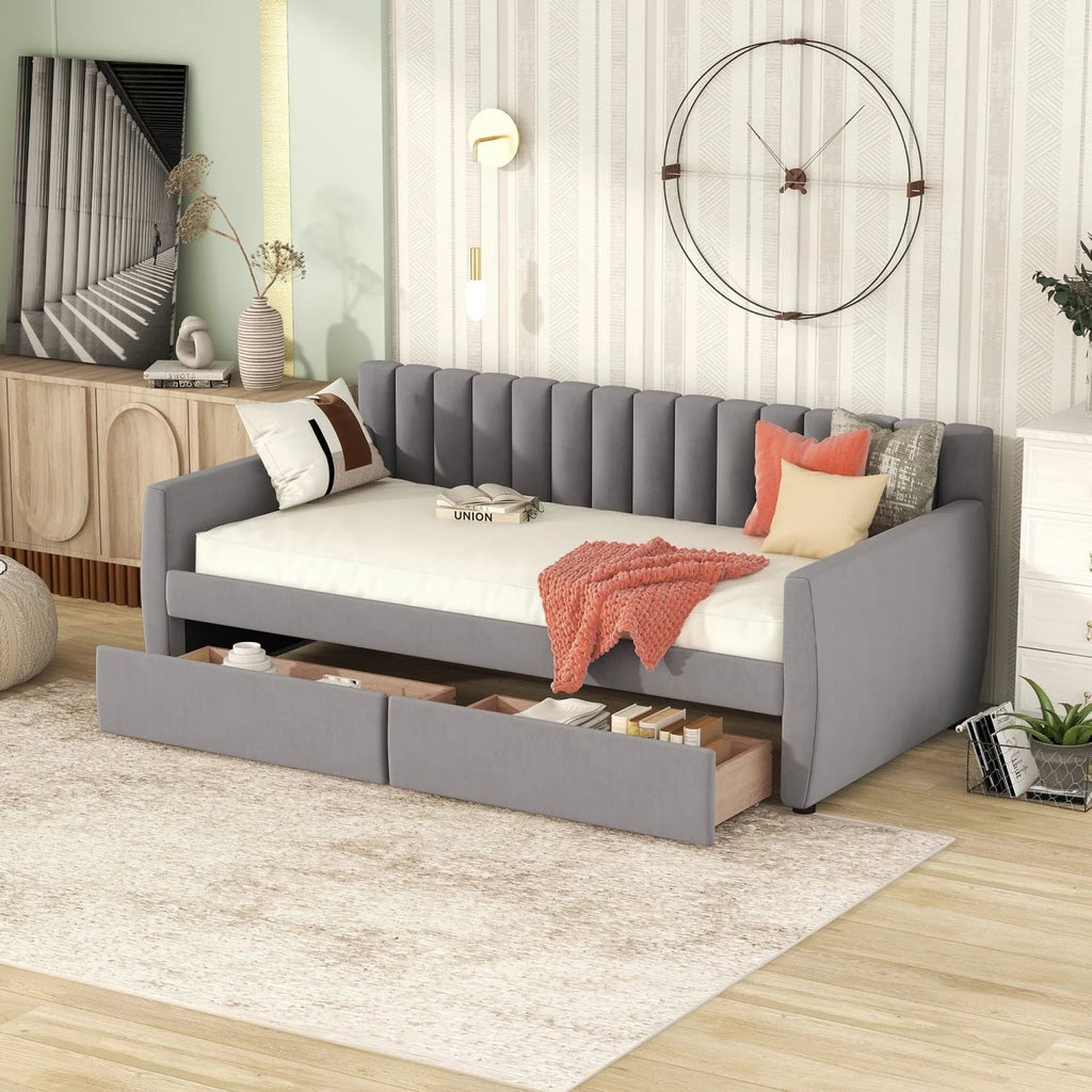 Twin Size Daybed with 2 Storage Drawers, Tufted Upholstered Sofa Bed Frame with and Wood Slat Support, Perfect for Bedroom, Gray