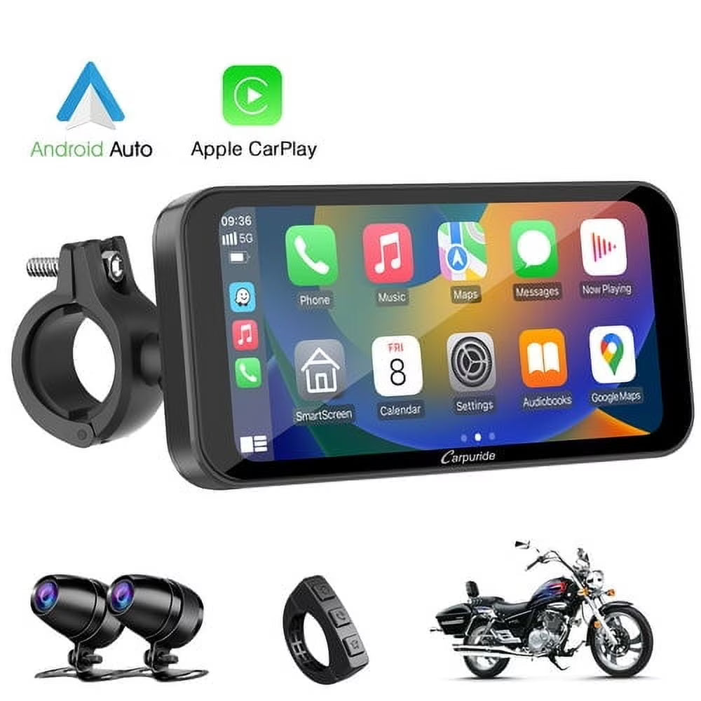 Carpuride W603D Wireless Portable Carplay A-Auto Waterproof IP67 Motorcycle Stereo HD Dual Cameras