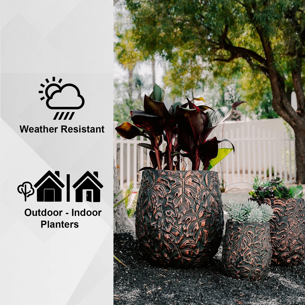 XBrand 19.3", 15.4" and 12.2"H Tall Beige and Golden Fiberstone/Cement Indoor Outdoor Planters (Set of 3), Modern Decorative Plant Pots with Drain Hole for All House Plants, Succulents & Flowers