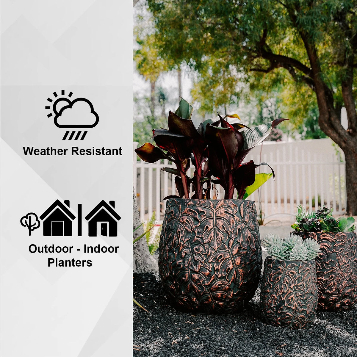 XBrand 19.3", 15.4" and 12.2"H Tall Beige and Golden Fiberstone/Cement Indoor Outdoor Planters (Set of 3), Modern Decorative Plant Pots with Drain Hole for All House Plants, Succulents & Flowers