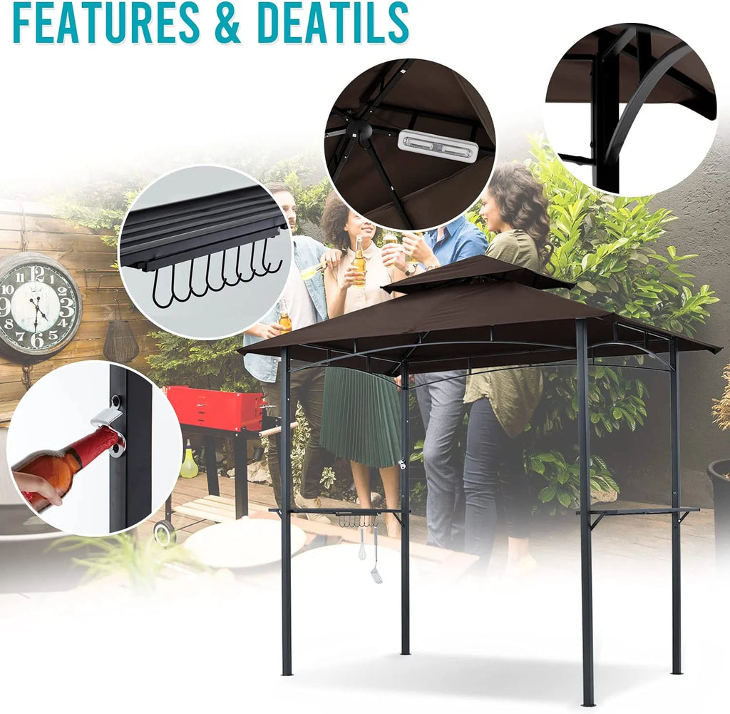 ABCCANOPY 8'x 5' Grill Gazebo Shelter, Double Tier Outdoor BBQ Gazebo Canopy with LED Light(Brown)