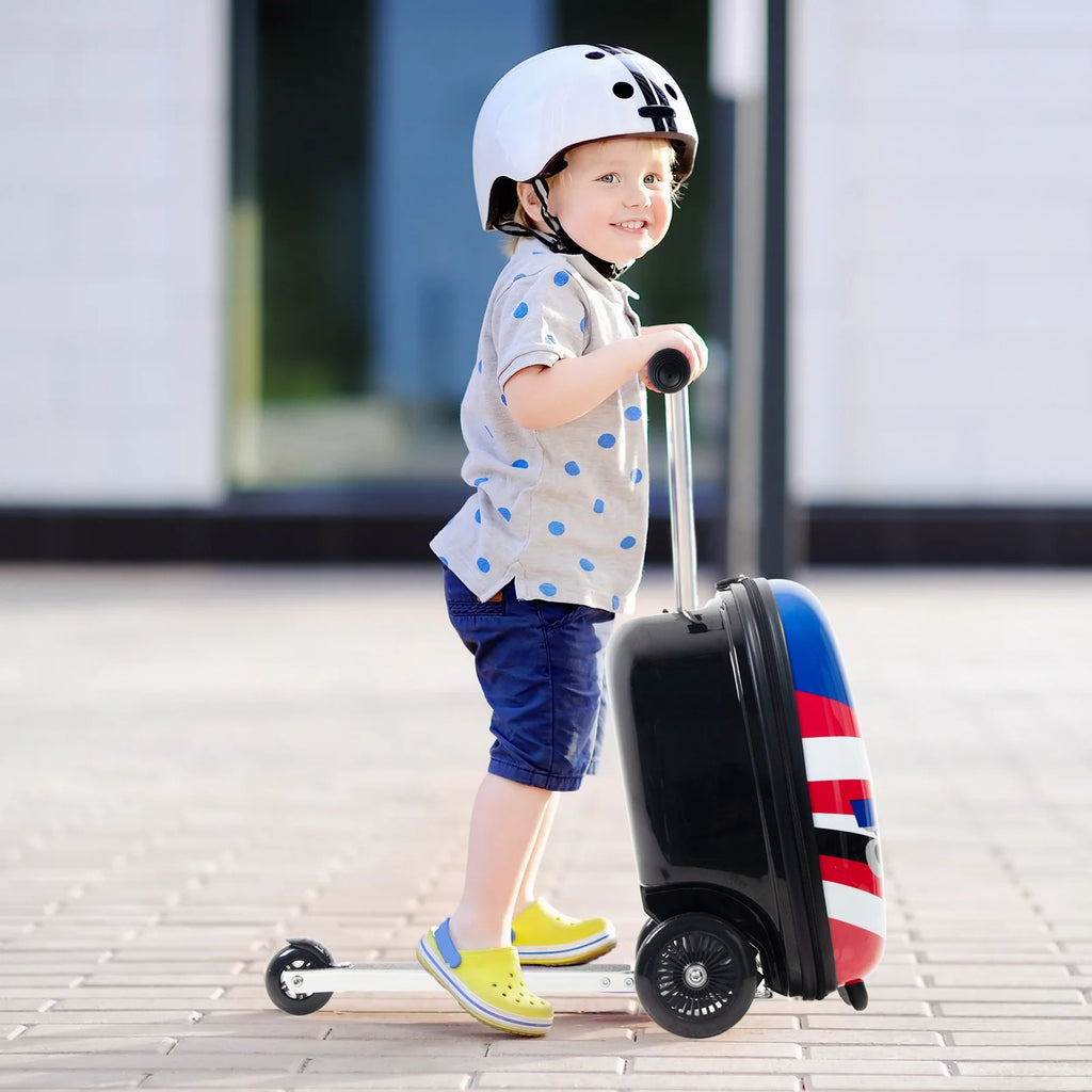 Kids Luggage Scooter, 3-Level Height Adjustable, Pirate Theme  Foldable Carry-On Suitcase, Lightweight Ride-On Scooter