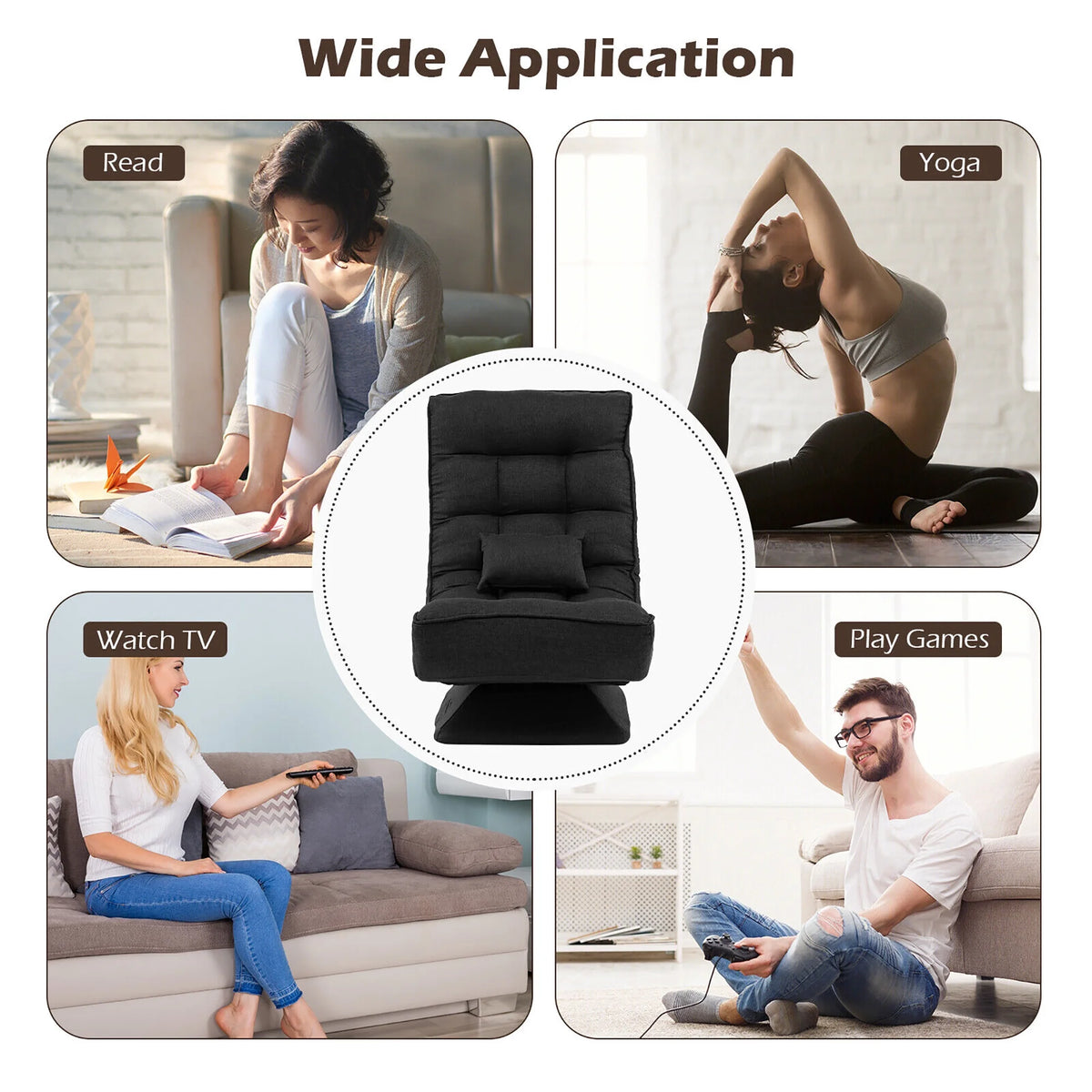 Costway 360 Swivel Floor Chair 5-Level Adjustable Lazy Chair w/ Massage Pillow Black